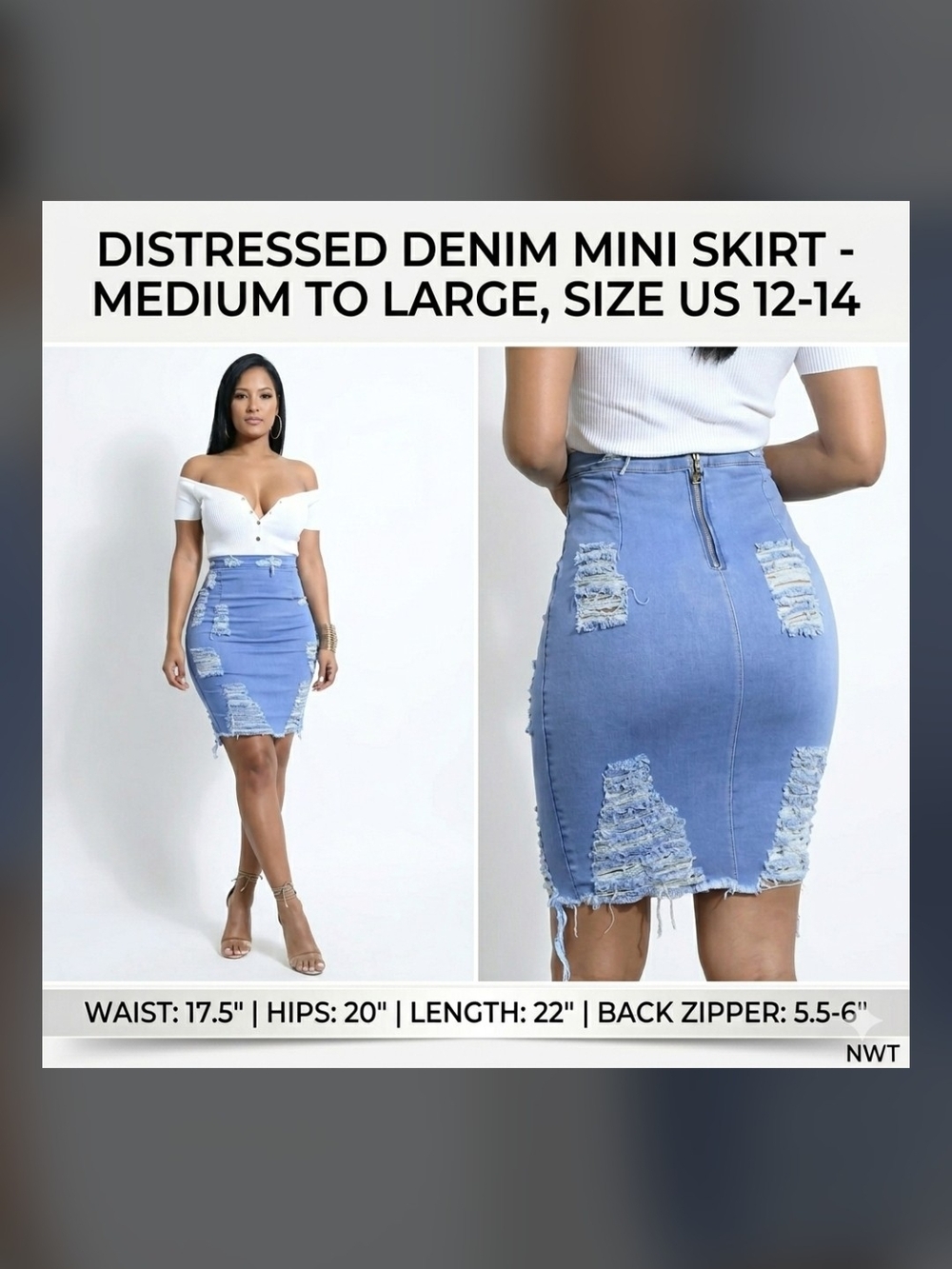 High Waisted Distressed Denim Mini Skirt Light Wash Size 12-14